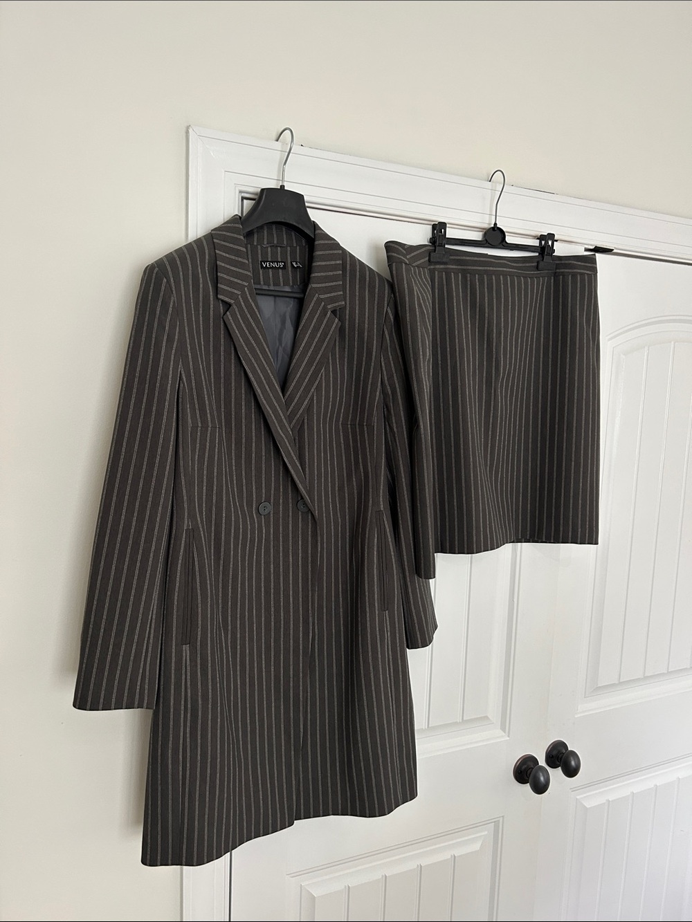 VENUS Gray Pinstripe Blazer and Skirt Set
